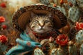 Cat in the Mexican sombrero resting under a cactus Generative AI