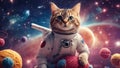 cat on the moon A comical cat astronaut with a playful smirk, riding on a yarn shaped scratching post, orbiting around