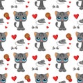 Cat and mouse cute kitty pet cartoon cute animal cattish character seamless pattern background catlike illustration