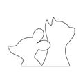 Contour mouse and cat together. Sketch logo. Side view. Friends mouse and kitten together on white background. 