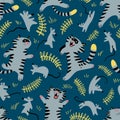 Cat and mouse seamless pattern. Floral background with cute animals.