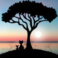 Cat and mouse sitting under the tree, Vector illustrations