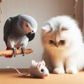 A cat, a mouse toy, and a parrot are all on a table. Royalty Free Stock Photo