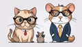 A cat and a mouse wearing glasses and ties