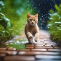 a cat moves with elegance along a street drenched by rain