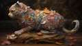 Cat multicolor in autumn color kimono, wooden art nouveau swirls, subsurface scattering, highly detailed, AI Generative