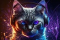 Cat muzzle in headphones on neon lights background