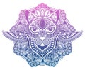 Cat mystic and mandala tattoo.Gradient pastel color in white background. Decorative graphic drawing