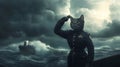 A cat in a naval uniform stands on a ship in a stormy sea Royalty Free Stock Photo