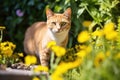 cat near marigold plants as pest deterrent
