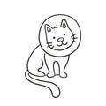 Cat with a neck brace doodle icon. Sick cat with medical collar. Hand drawn isolated vector illustration