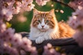 Cat nestled in a bed of cherry blossoms