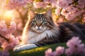 Cat nestled in a bed of cherry blossoms