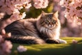 Cat nestled in a bed of cherry blossoms