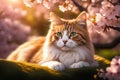 Cat nestled in a bed of cherry blossoms