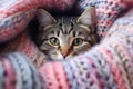 Cat Nestled In Chunky Knit Blanket, Wearing Scarf Cold At Home. Generative AI