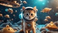 cat in the night A mischievous kitten astronaut with a bubble helmet, chasing after a floating fish shaped spaceship,