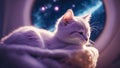cat in the night A sleepy lilac kitten with a humorous snore, dreaming of being an astronaut floating in zero gravity Royalty Free Stock Photo