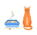 Cat not using dirty litter box. Wrong way to maintain cat toilet. Pet toilet hygiene concept. Flat vector illustration