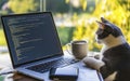 Cat observing code on laptop with coffee in cozy home office setting Royalty Free Stock Photo