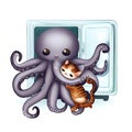 Cat and octopus be friend, refrigerator, cute, adorable, cartoon, illustration Royalty Free Stock Photo