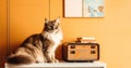 Cat at the old radio, yellow background with posters, AI generated retro style illustration, cat day