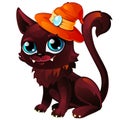 Cat in orange hat with moonstone. Mystical animal. Funny cartoon pet, symbol of Halloween. Vector isolated