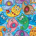 Cat owl cartoon paisley flower cloud blue seamless pattern