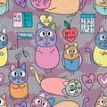 Cat owl love IQ EQ HQ seamless pattern