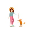 Cat owner female with her pet vector flat illustration