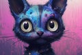 Cat Painting With Big Eyes Dreamlike Background With Cat Hand Drawn Style Illustration