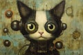 Cat Painting With Big Eyes Dreamlike Background With Cat Hand Drawn Style Illustration