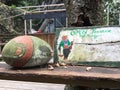 Cat painting on a round stone in path of cat (cat alley), Onomichi, Hiroshima, Japan