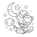 The cat in pajamas swings on the moon. Black and white linear illustration. Vector