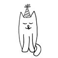 Cat in party hat with closed eyes sketch icon, sticker, card, poster hand drawn doodle, scandinavian, minimalism, monochrome.