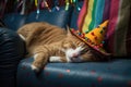 cat with a party hat dozing on a couch