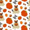 A cat pattern on a Halloween sheet with a pumpkin basket of sweets on a white background. A black cat in pumpkin glasses