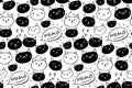 Cat pattern. Seamless background with black and white hand drawn cats and meow word. Cute pet texture.
