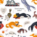 Cat pattern. Seamless texture of different cute kittens, trendy doodle fabric template with diverse cats. Vector funny Royalty Free Stock Photo