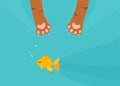 Cat paw catch, fishing gold fish under water background. Fun cartoon vector illustration