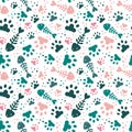 Cat paw, fish skeleton doodle style pattern. Cute halloween scarf or tile, animal and sea nature, wildlife silhouettes Royalty Free Stock Photo