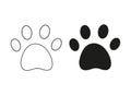 Cat paw footprint, black silhouette, outline. Vector isolated on white. Traces of tiger, lion, leopard, cheetah, jaguar