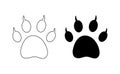 Cat paw footprint with claws on white. Vector. Silhouette, contour. Traces of tiger, lion, leopard, cheetah, jaguar Royalty Free Stock Photo