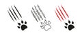 Cat paw print with scratches, claw marks. Black silhouette, outline, bloody color. Vector isolated on white. Icons. Paw Royalty Free Stock Photo