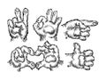 Cat paw sign set. Pointing, okay, victory gesture. Vector vintage engraving