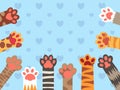 Cat paws. Cute kitten paw, cats claws and funny domestic pets vector background illustration