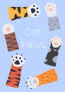 Cat paws. Cute print, poster or card. nursery or veterinary clinic or groomer salon decor. Domestic and wild animals