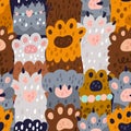 Cat paws seamless pattern. Cute print with kittens legs. Different colors and breeds. Spotted or striped feline feet