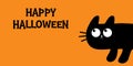 Cat peeking around the corner. Cute kawaii cartoon baby pet. Happy Halloween. Bones text font. Bone letter type. Black kitten head