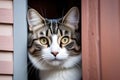 A cat peeks out from behind a door. The cat has wide green eyes and a white mustache. Royalty Free Stock Photo